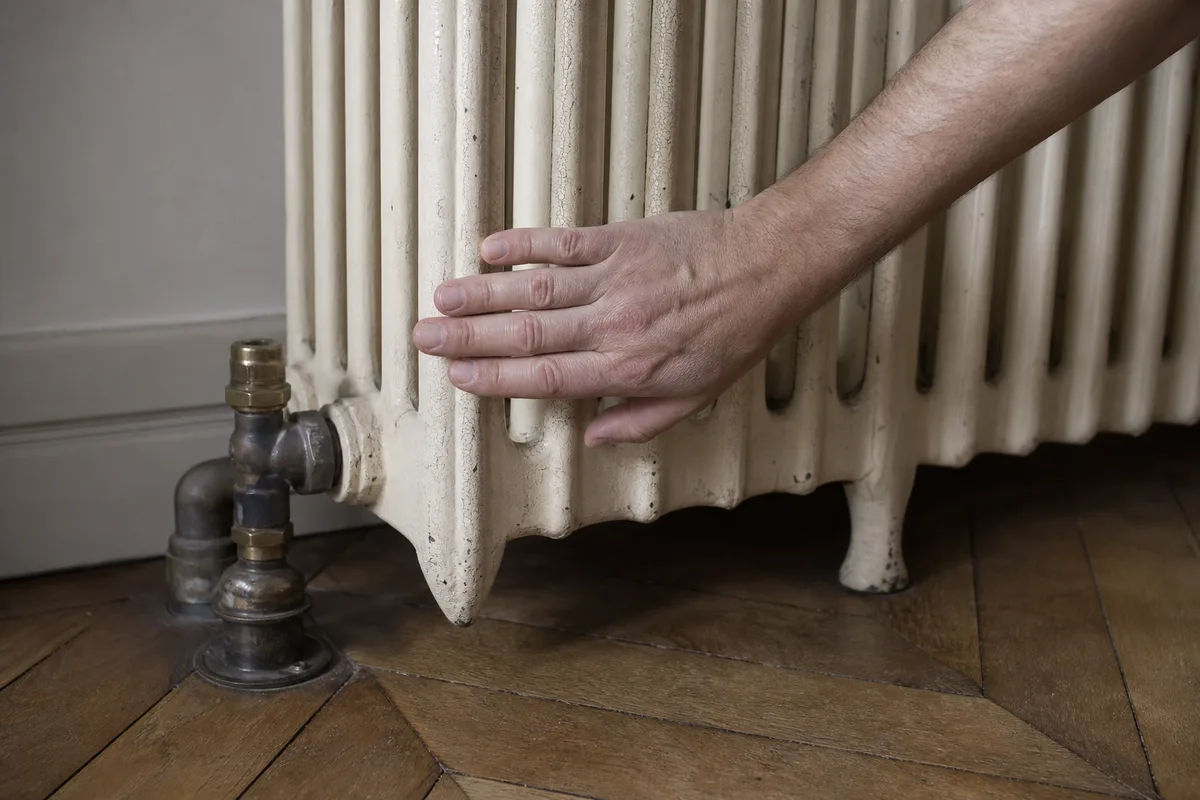 Bas d&rsquo;un radiateur en fonte froid dans un séjour français, main posée sur le panneau pour comparer les températures