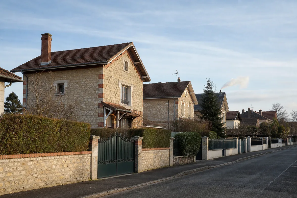 Rangée de pavillons en brique d&rsquo;un quartier résidentiel de Châlons-en-Champagne sous un ciel d&rsquo;hiver clair