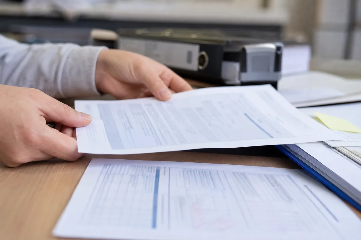 Attestation d&rsquo;assurance décennale et documents administratifs d&rsquo;un chauffagiste sur un plan de travail