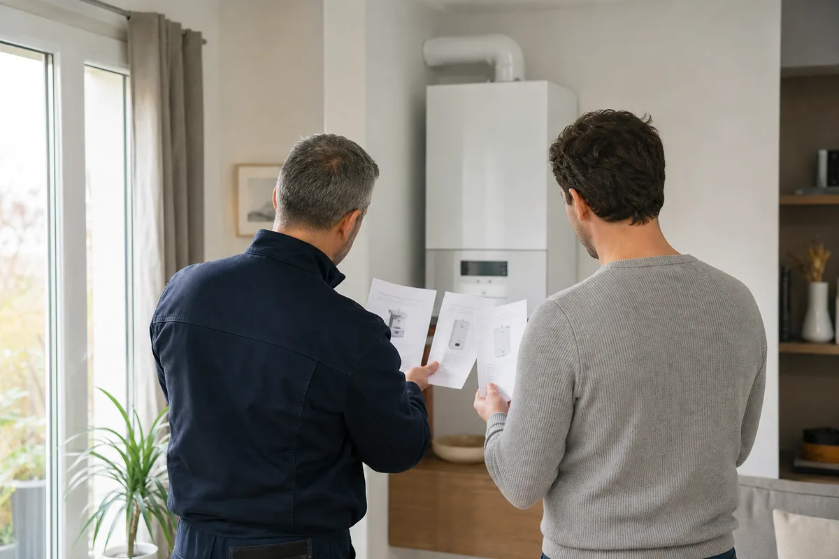 Client et artisan comparant plusieurs devis de chauffage dans un séjour lumineux