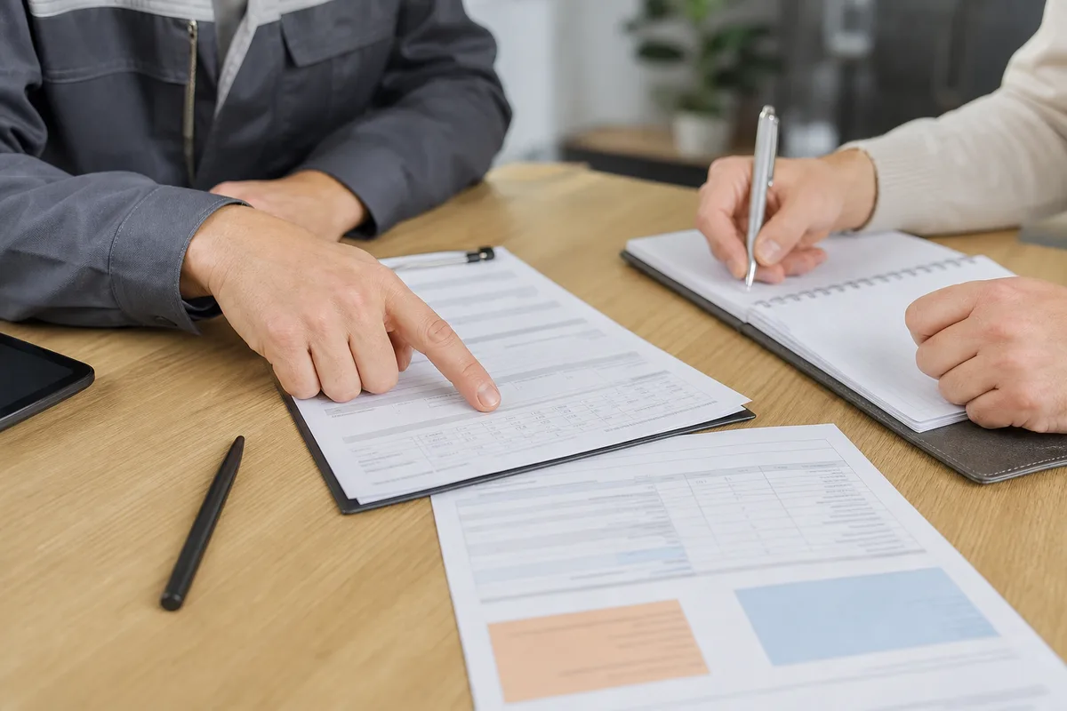 Documents d&rsquo;un contrat d&rsquo;entretien de chaudière posés sur une table, mains d&rsquo;un artisan et d&rsquo;un client en discussion