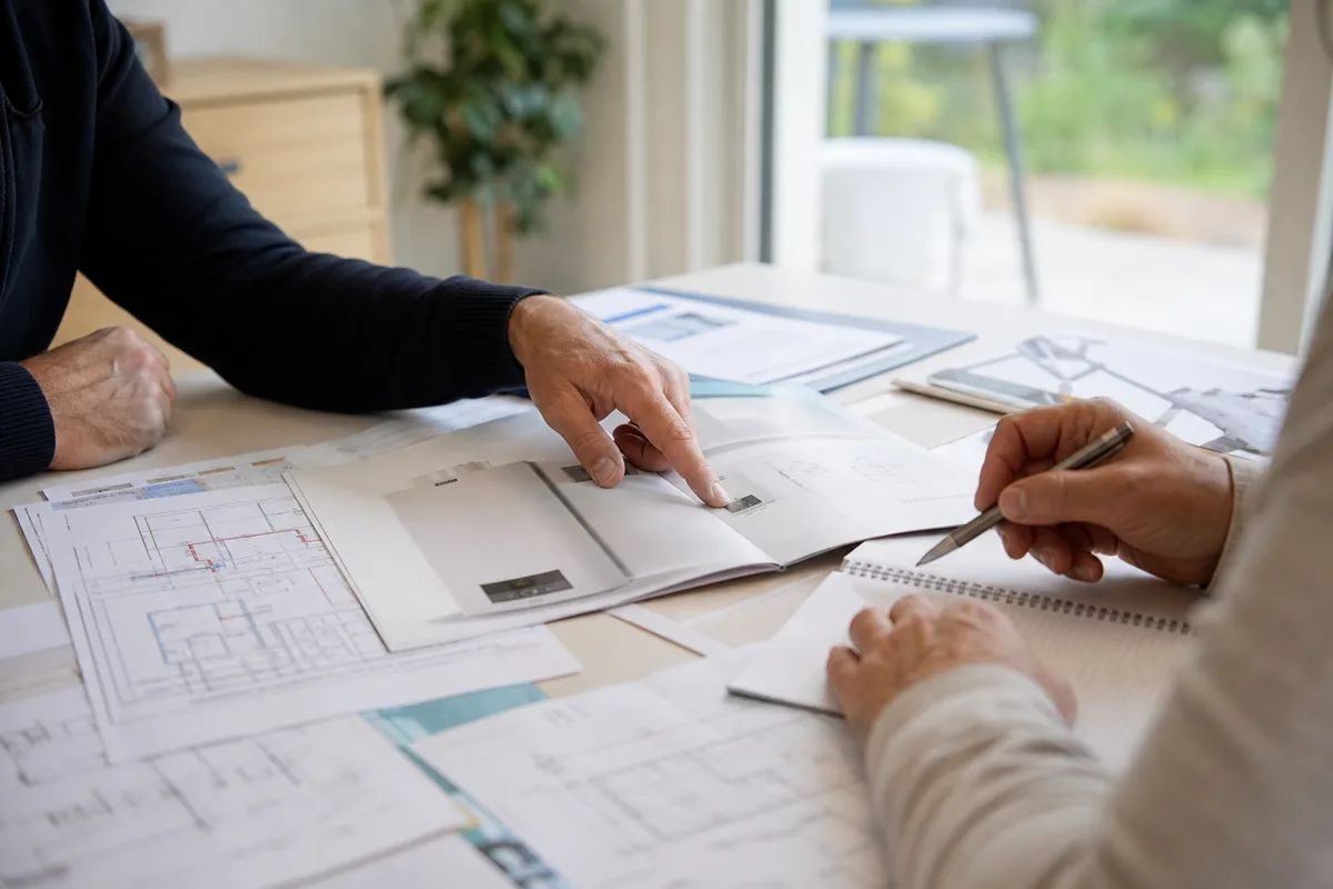 Artisan chauffagiste et client comparant des documents techniques autour d&rsquo;une table lumineuse