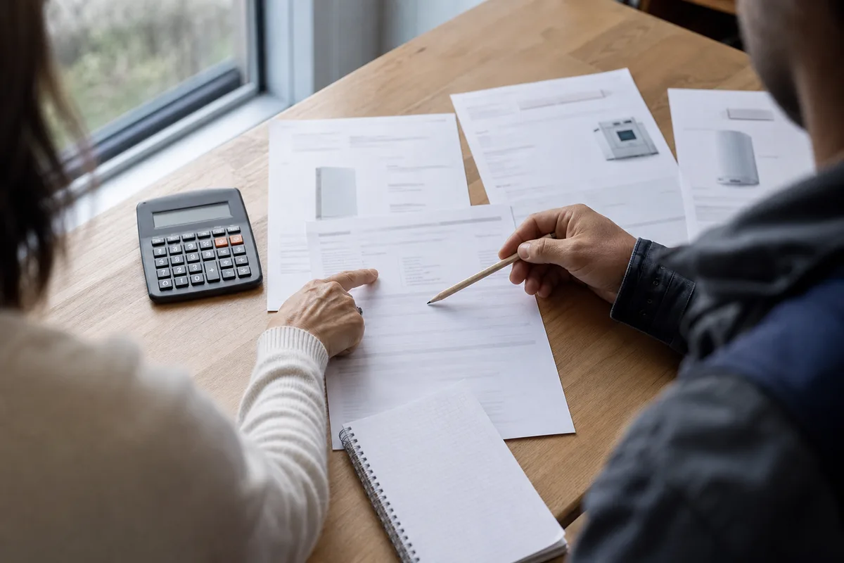 Devis de chauffage et documents techniques posés sur une table, artisan et client comparant les estimations