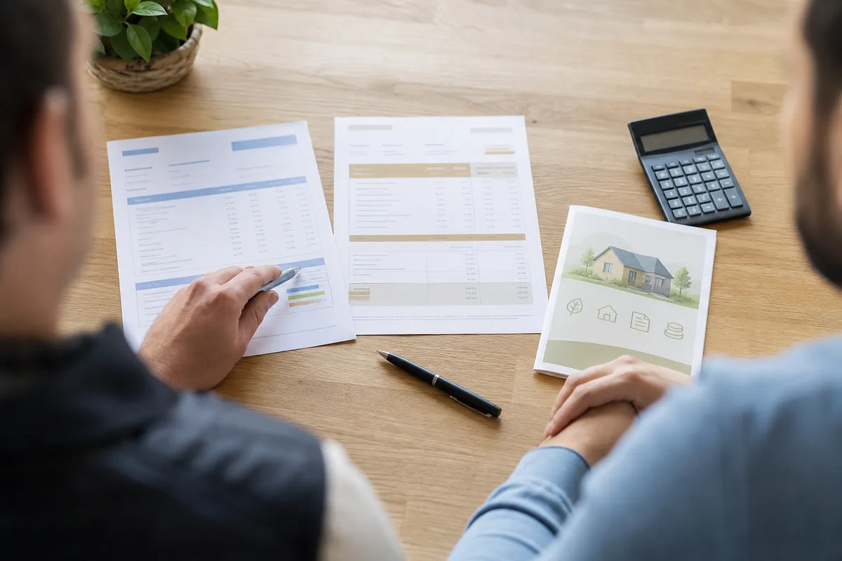 Devis de remplacement de chauffage et documents d’aides posés sur une table en bois, mains d’un artisan et d’un client comparant deux propositions, lumière claire et neutre