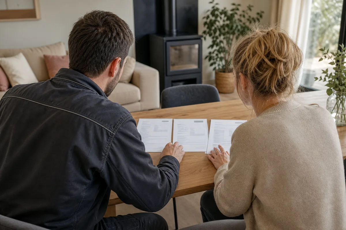 Un artisan et une cliente comparent plusieurs devis de chauffage, mains posées sur des documents dans un séjour lumineux