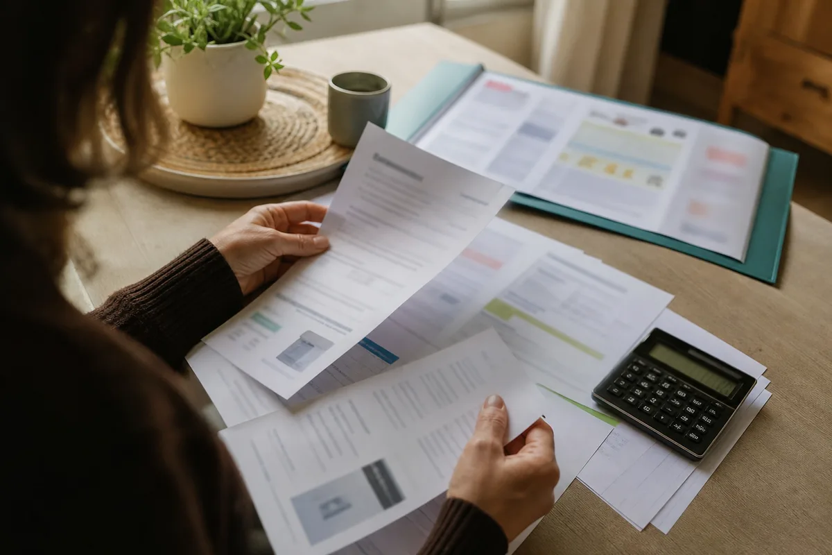 Documents de rénovation énergétique et attestation RGE posés sur une table de cuisine