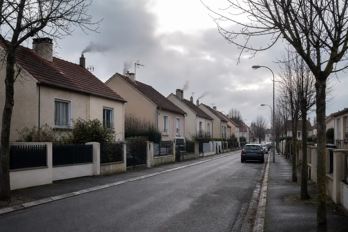 Quartier pavillonnaire d&rsquo;après-guerre sous un ciel d&rsquo;hiver bas, toitures et façades sobres, ambiance calme de fin de journée
