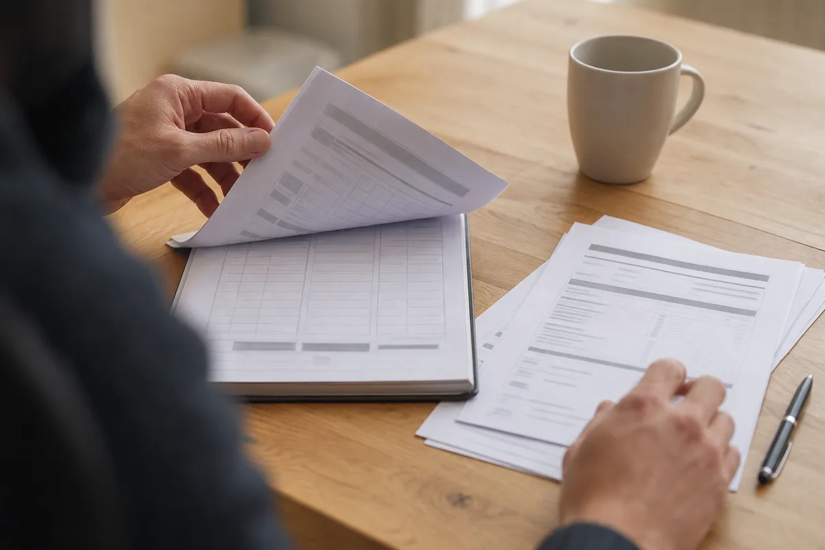 Documents d&rsquo;entretien de chaudière et carnet posés sur une table en bois, lumière naturelle douce, mains feuilletant les pages