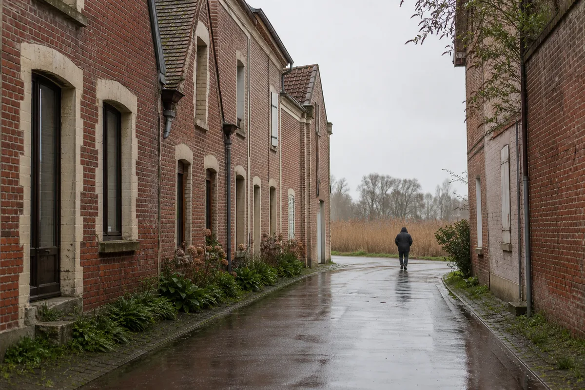 Rangée de maisons de brique de l&rsquo;Audomarois sous un ciel gris et humide