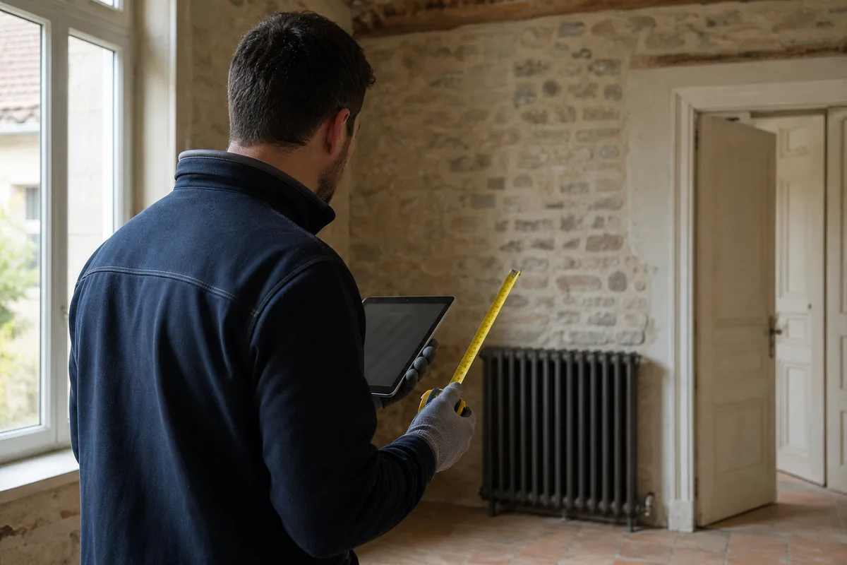 Intérieur d’une maison ancienne en pierre du Toulois avec un artisan relevant les mesures d’une pièce