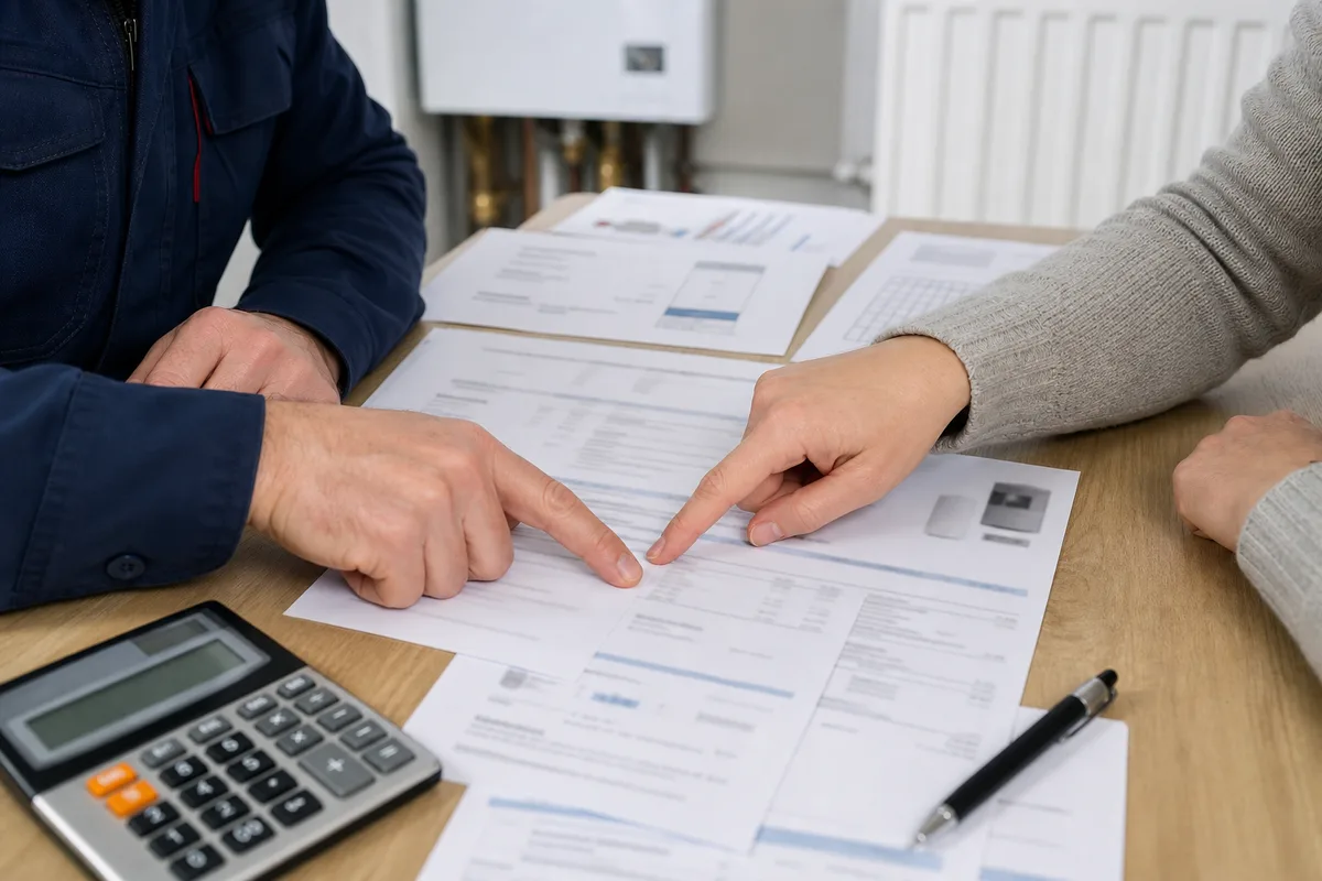 Documents de devis de chauffage posés sur une table lors d’un échange entre un artisan et un client