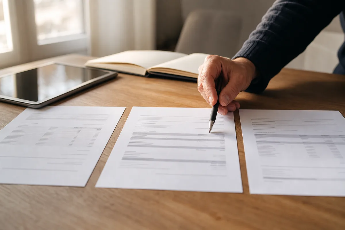 Comparaison de plusieurs devis d&rsquo;artisans chauffagistes posés sur une table en bois