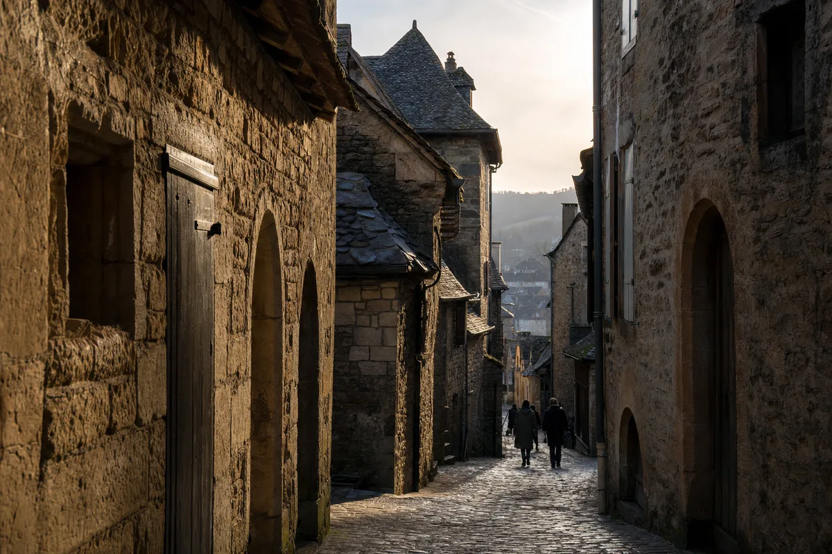 Ruelle du centre ancien de Villefranche-de-Rouergue bordée de maisons en pierre du Rouergue sous une lumière d&rsquo;hiver