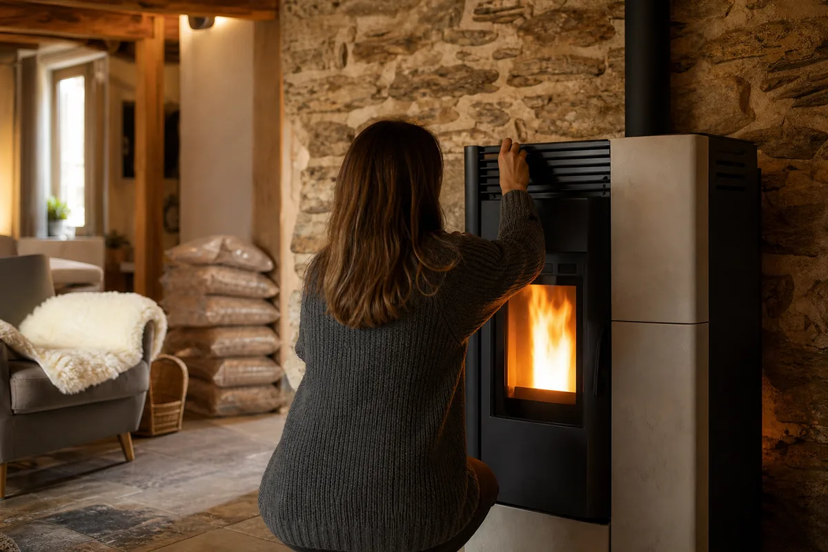 Poêle à granulés en fonctionnement dans une pièce de vie aux murs de pierre épais, ambiance chaleureuse d&rsquo;hiver